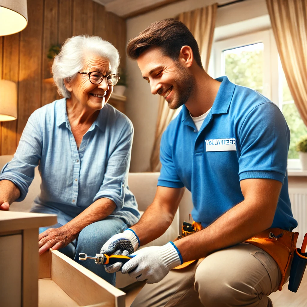 A volunteer wearing a blue shirt provides handyman services at a senior's home. The volunteer is fixing something while the senior watches, smiling. The background shows a cozy and well-kept home environment, emphasizing the warm and friendly interaction between the volunteer and the senior.