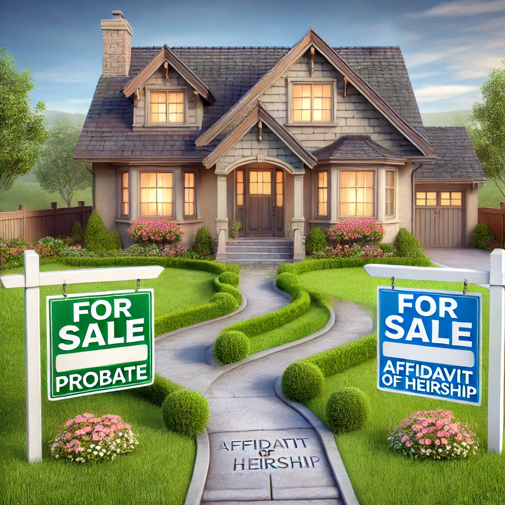 An inherited home with a 'For Sale' sign in the front yard, illustrating the choice between probate and affidavit of heirship.