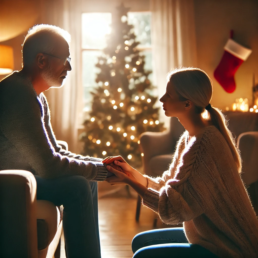 An adult child sits closely beside their senior parent, holding their hand in a warmly lit living room decorated for the holidays. A Christmas tree and stockings create a festive backdrop. The scene captures a heartfelt and reflective conversation, highlighting the importance of family connection during the holiday season while considering senior care needs. This moment aligns with Sage Senior Support's mission to guide families through elder care transitions with compassion and expertise. An adult child sits closely beside their senior parent, holding their hand in a warmly lit living room decorated for the holidays. A Christmas tree and stockings create a festive backdrop. The scene captures a heartfelt and reflective conversation, highlighting the importance of family connection during the holiday season while considering senior care needs. This moment aligns with Sage Senior Support's mission to guide families through elder care transitions with compassion and expertise.