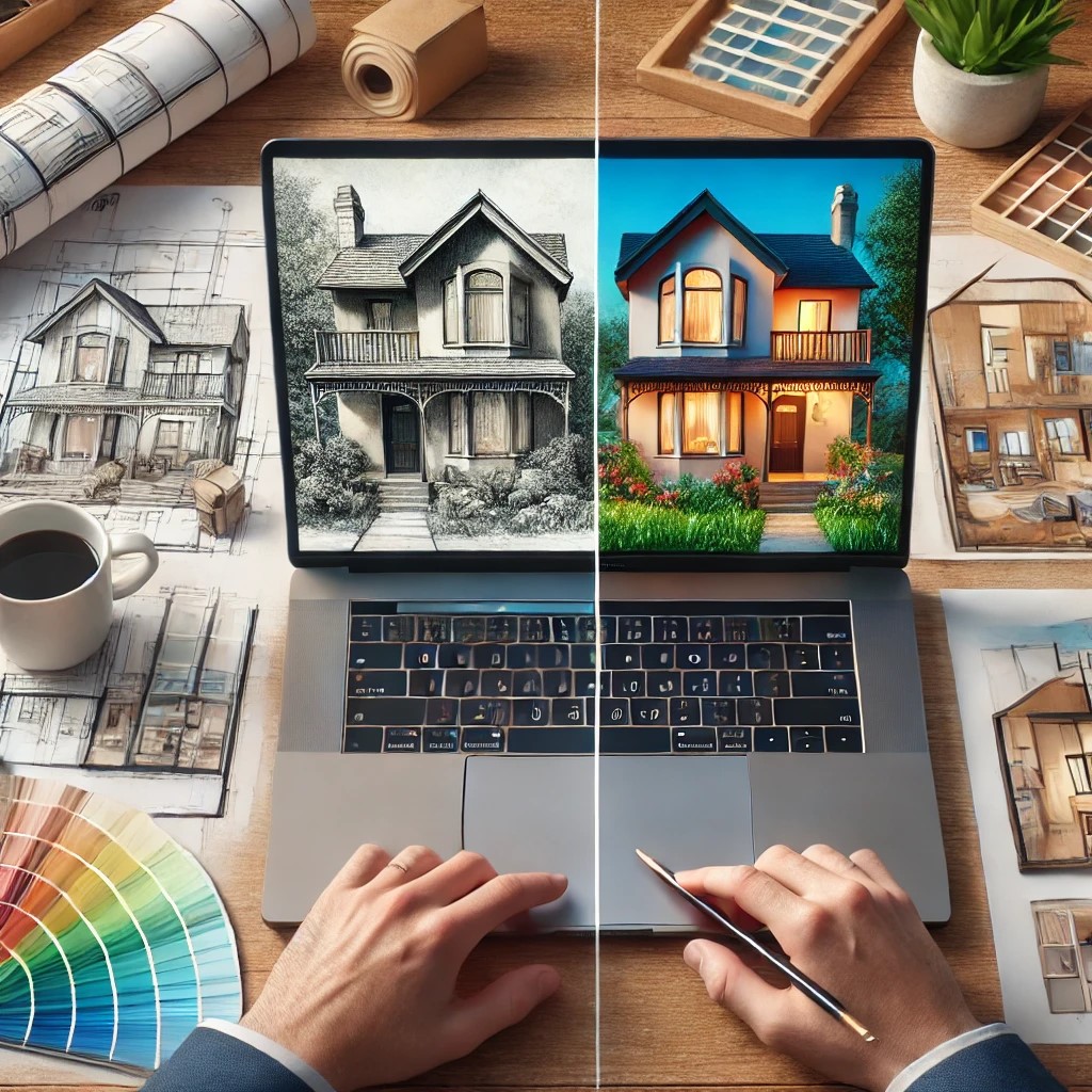A decision-making workspace showing renovation plans, a laptop comparing a home's current state to a renovated version, and tools to analyze selling options. Ideal for families and real estate agents deciding to renovate or sell as-is.