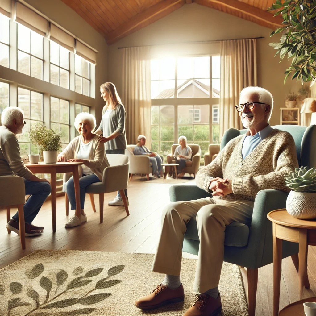 A welcoming senior living community common area with natural light, seniors socializing, and an adult child observing with a smile, symbolizing peace of mind and emotional reassurance.