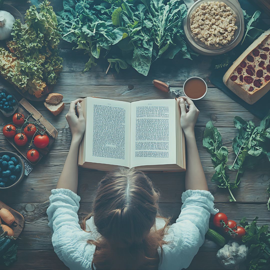 Woman reading a book surrounded by fresh vegetables, leafy greens, berries, and tea on a rustic wooden table - symbolizing nutrition, learning and holistic wellness.