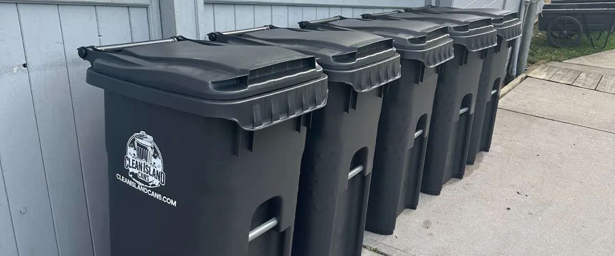 Line of professionally cleaned garbage cans by Clean Island Cans in Northport Line of professionally cleaned garbage cans by Clean Island Cans in Northport