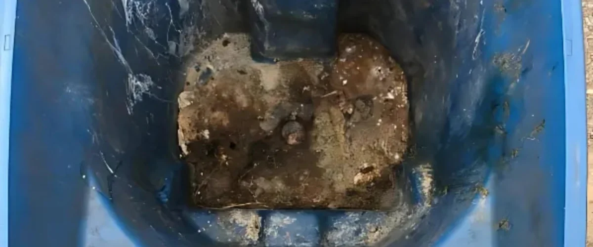 Dirty trash bin interior with heavy grime and debris buildup before professional cleaning.
