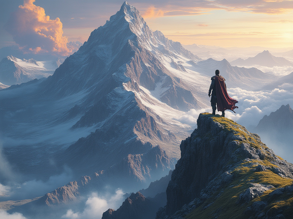A fierce warrior standing on a mountain peak, overlooking a vast landscape
