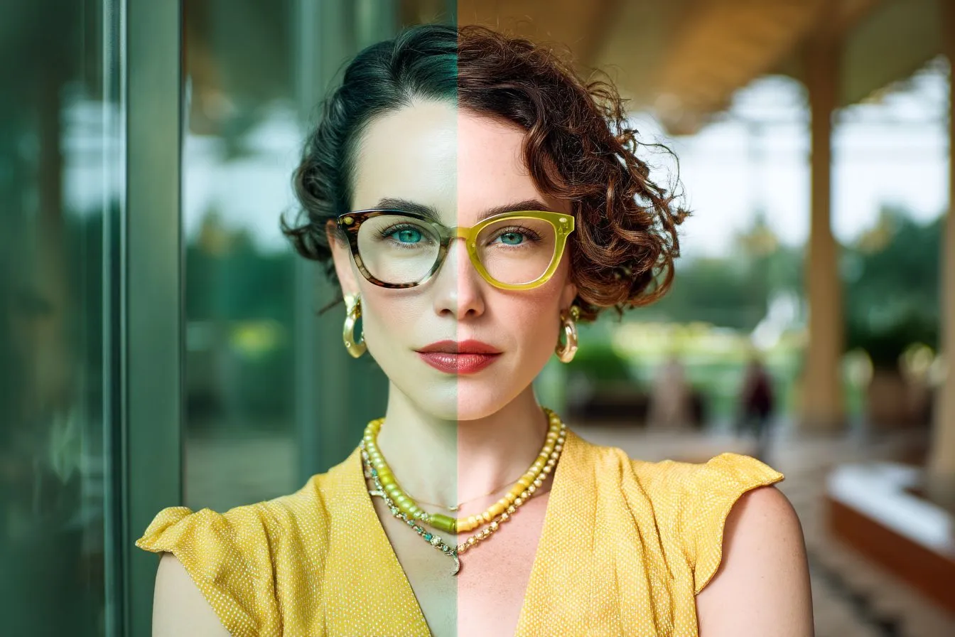 Woman in yellow dress, split-screen effect with two different glasses.