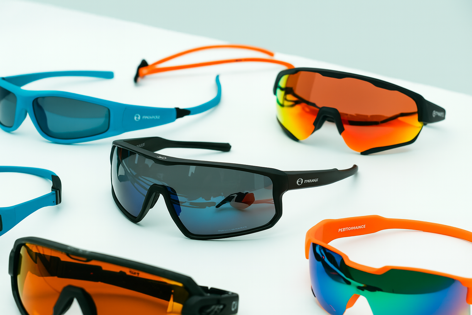 Variety of sports eyewear with different lens tints and frame designs for various sports. Variety of sports eyewear with different lens tints and frame designs for various sports.