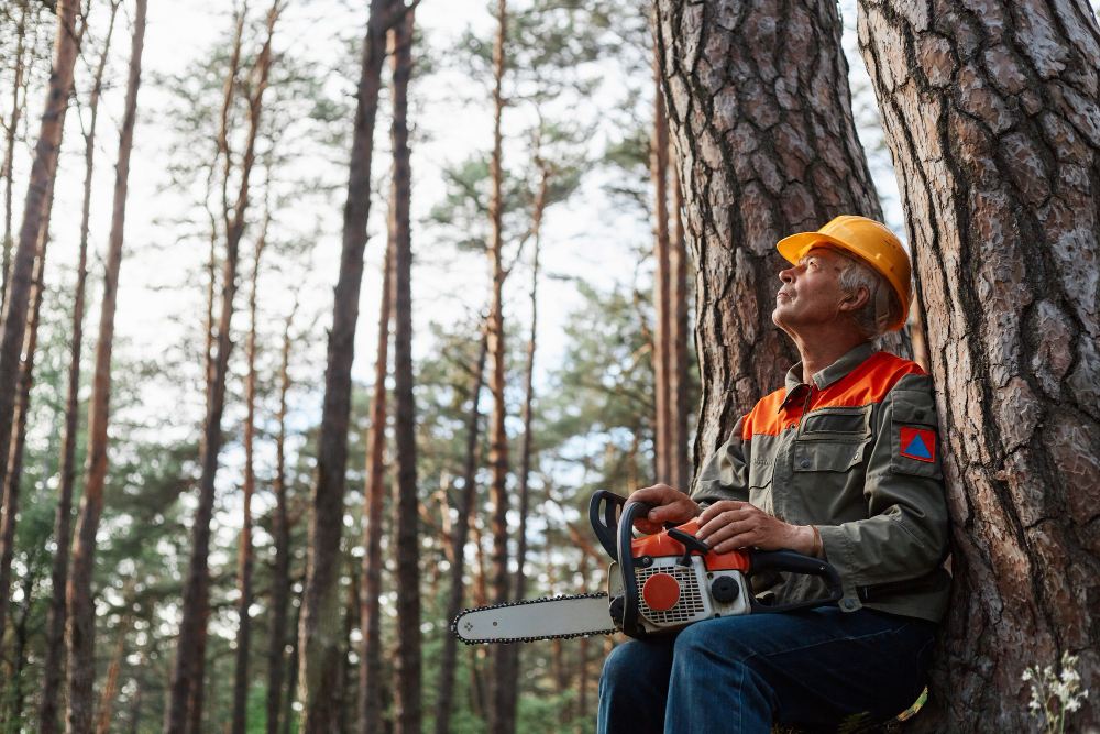Worker in an orange safety vest and hard hat sitting beside a large tree in a forested area during daylight. They hold a chainsaw in a resting position, surrounded by tall trees and dense greenery, conveying a scene of professional tree work or forestry labor. Worker in an orange safety vest and hard hat sitting beside a large tree in a forested area during daylight. They hold a chainsaw in a resting position, surrounded by tall trees and dense greenery, conveying a scene of professional tree work or forestry labor.
