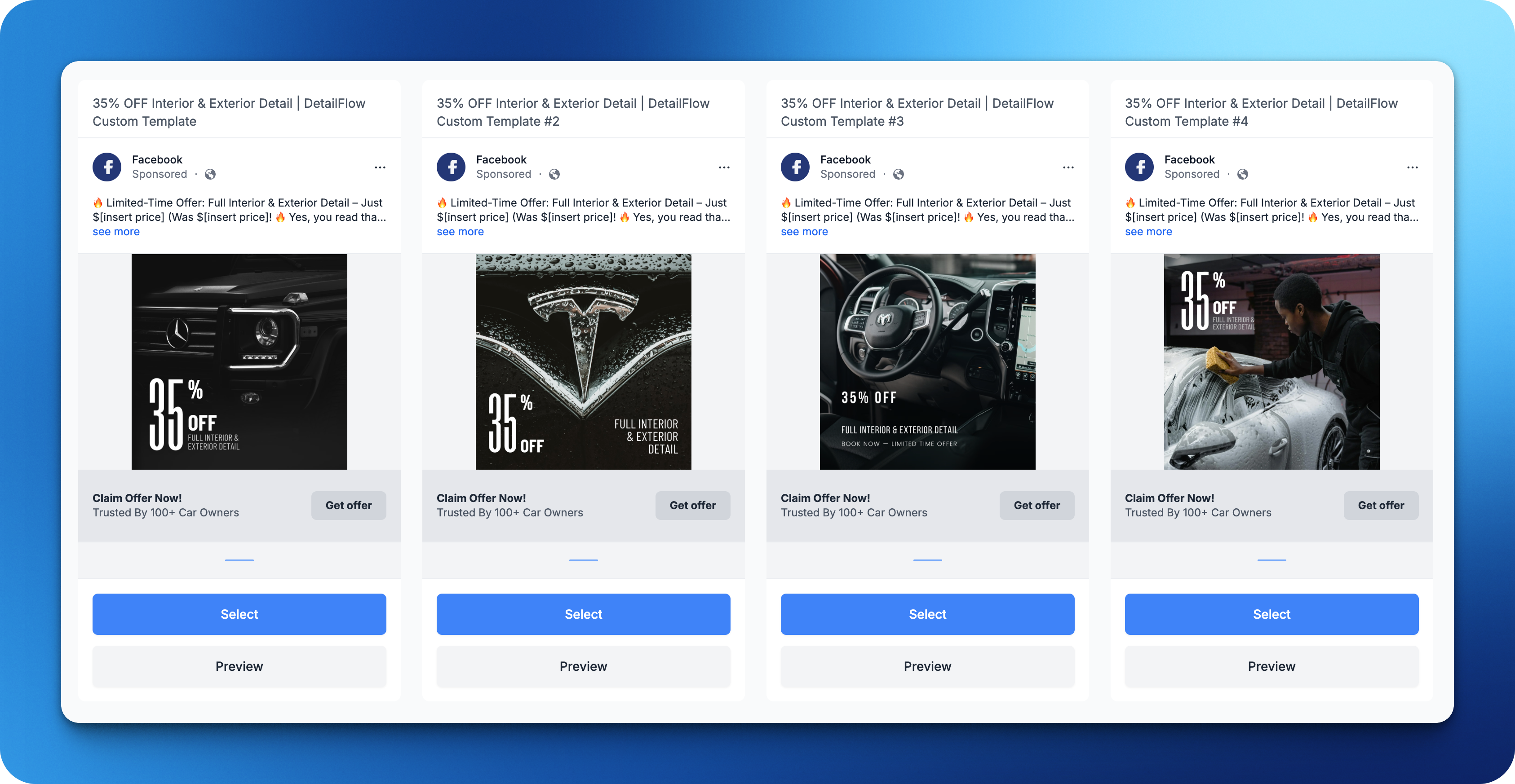 DetailFlow ad template selection showcasing four high-converting Facebook ad designs for car detailing businesses with a 35% discount offer. DetailFlow ad template selection showcasing four high-converting Facebook ad designs for car detailing businesses with a 35% discount offer.