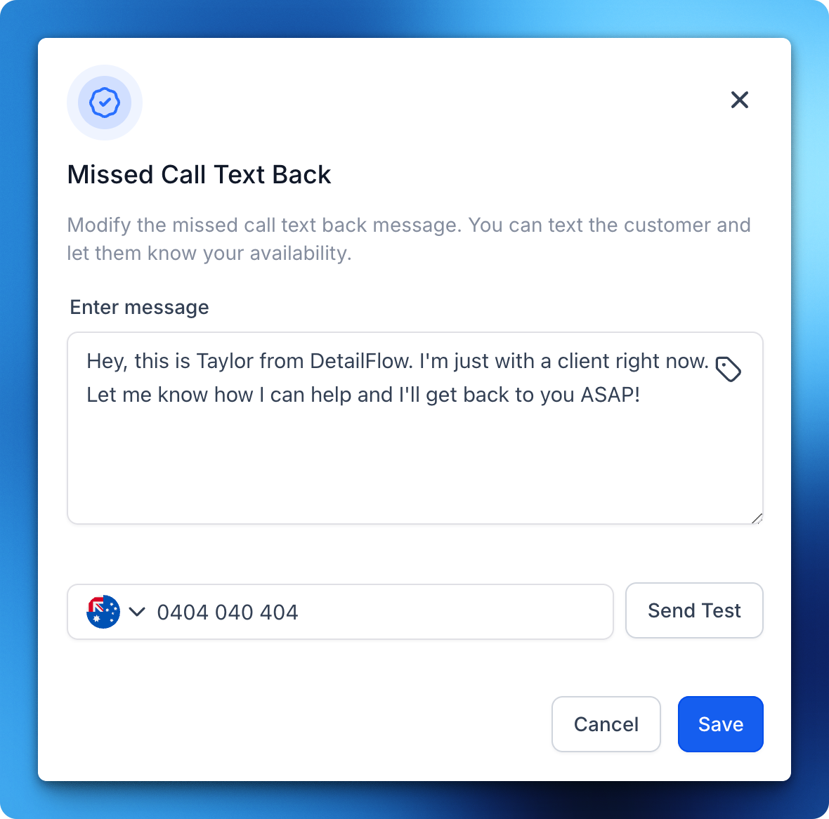 DetailFlow missed call text back feature interface, showing an automated SMS response setup for missed customer calls. DetailFlow missed call text back feature interface, showing an automated SMS response setup for missed customer calls.