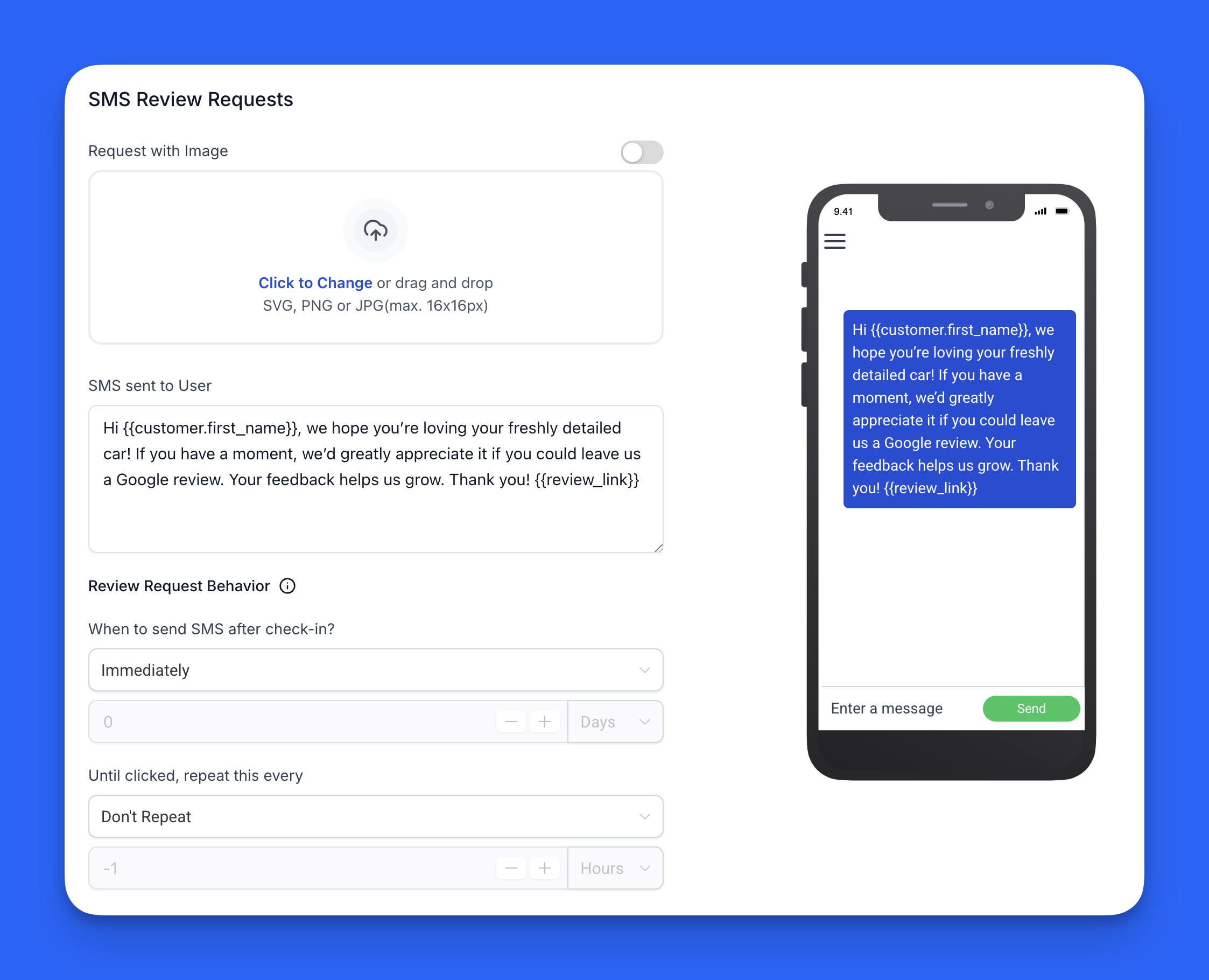 Automated text message asking a customer to leave a Google review Automated text message asking a customer to leave a Google review
