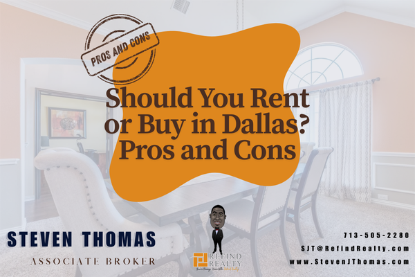 Split-screen image comparing renting an apartment and buying a home in Dallas with skyline in background Split-screen image comparing renting an apartment and buying a home in Dallas with skyline in background