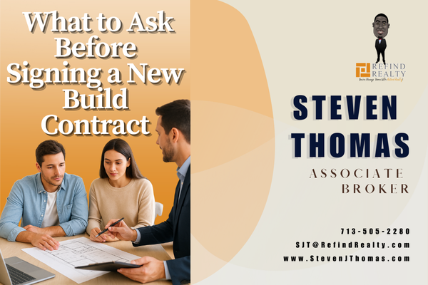Couple reviewing a new build contract with their Dallas real estate agent in a model home office Couple reviewing a new build contract with their Dallas real estate agent in a model home office
