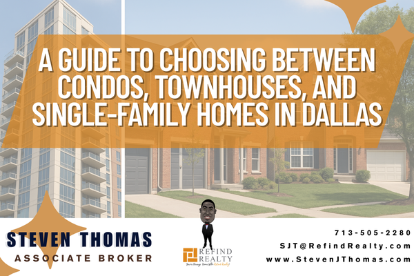 Three distinct Dallas home styles: a downtown high-rise condo, a modern townhouse with shared walls, and a detached single-family home with a front yard. Three distinct Dallas home styles: a downtown high-rise condo, a modern townhouse with shared walls, and a detached single-family home with a front yard.