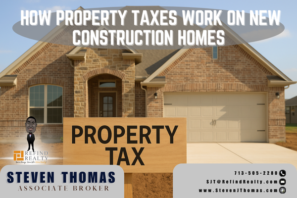 A new construction home in suburban Texas with landscaping in progress, viewed from the street on a sunny day, representing early stages of property tax assessment. A new construction home in suburban Texas with landscaping in progress, viewed from the street on a sunny day, representing early stages of property tax assessment.
