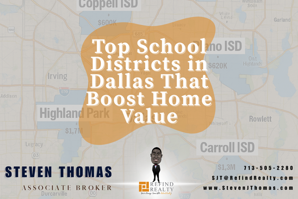 Map of Dallas showing top school districts like Highland Park, Frisco, and Carroll ISD with home price labels Map of Dallas showing top school districts like Highland Park, Frisco, and Carroll ISD with home price labels