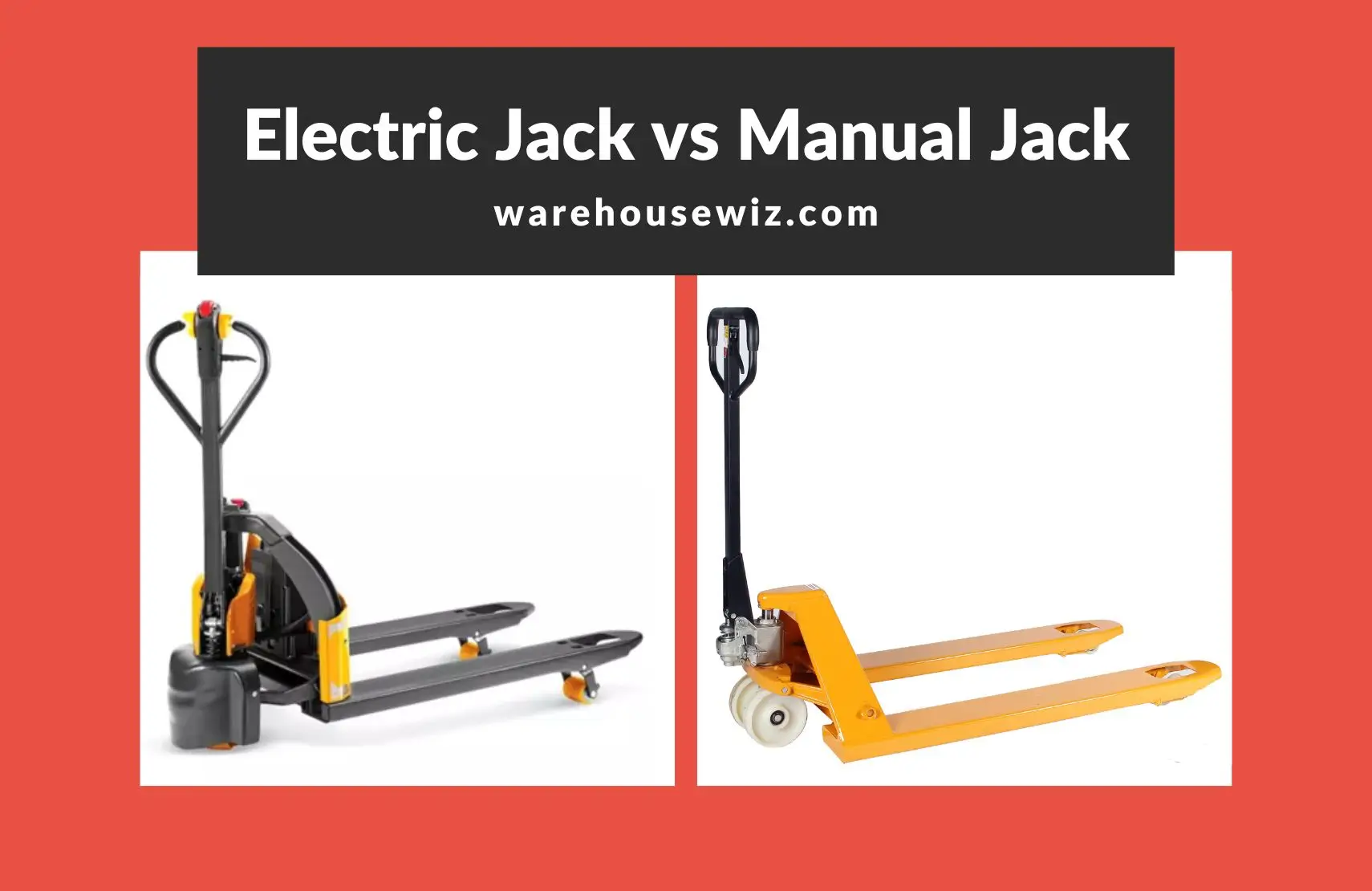 Comparison image showing an electric pallet jack on the left and a manual pallet jack on the right, highlighting differences in material handling equipment used in warehouses.