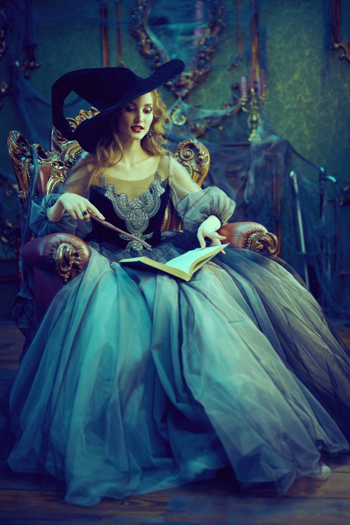 A witch sits on a throne, holding a book A witch sits on a throne, holding a book