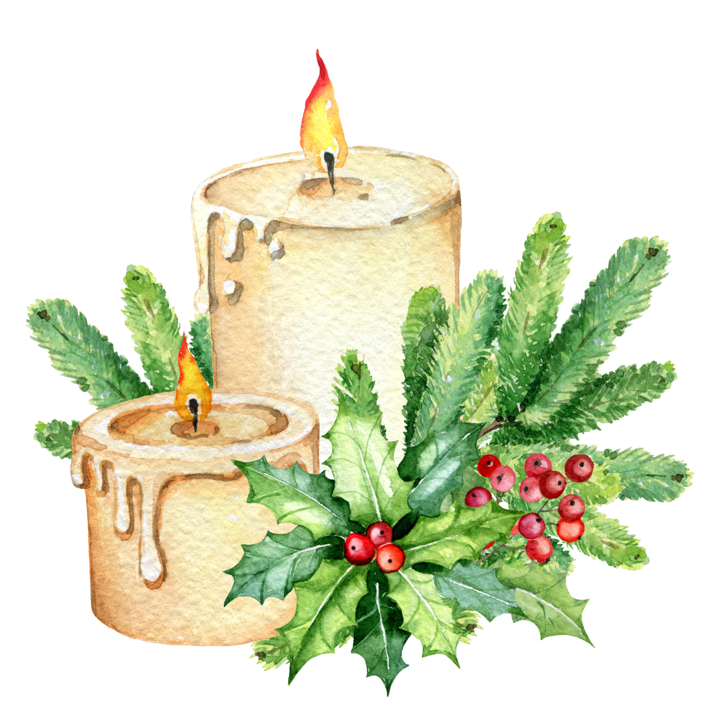 A painting of two candles with sprigs of holly and pine A painting of two candles with sprigs of holly and pine