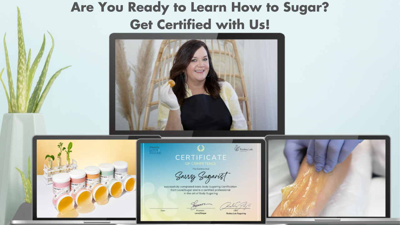 Collage of sugaring certification visuals, featuring Shannon O'Brien with sugaring paste, sugaring products, a certificate of competence, and a gloved hand applying sugaring paste, with text: 'Are You Ready to Learn How to Sugar? Get Certified with Us!' Collage of sugaring certification visuals, featuring Shannon O'Brien with sugaring paste, sugaring products, a certificate of competence, and a gloved hand applying sugaring paste, with text: 'Are You Ready to Learn How to Sugar? Get Certified with Us!'