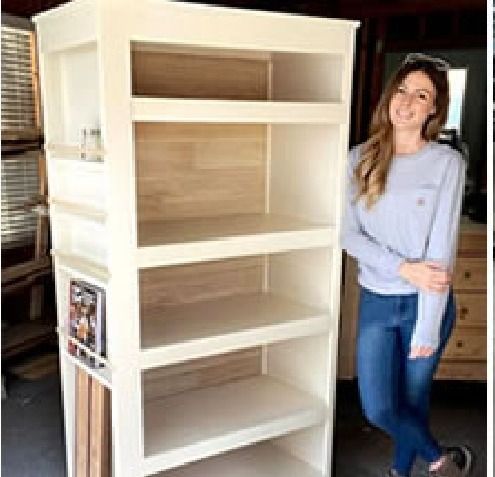 Women standing next to a DIY bookcase, woodworking DIY, Women standing next to a DIY bookcase, woodworking DIY,