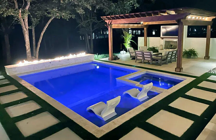 Night time Pool Water Feature Design