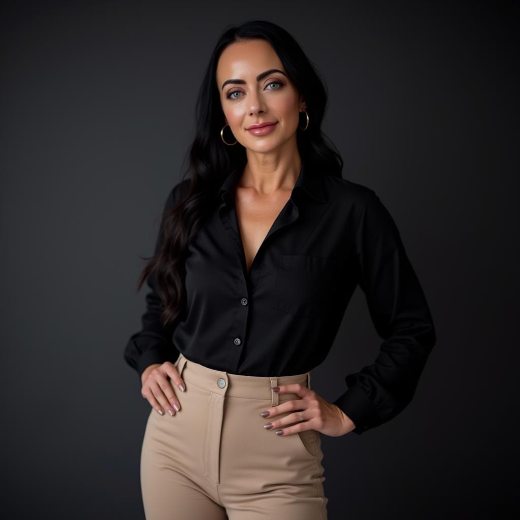 Jen Sells professional business photo wearing a black shirt and tan pants, standing confidently.”