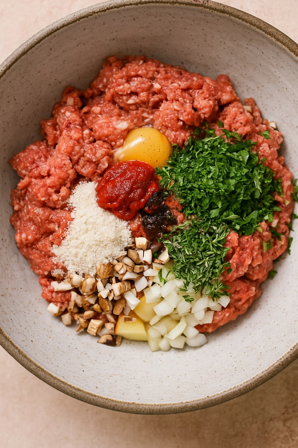 Raw ground bison mixed with egg, tomato paste, chopped onion, mushrooms, parsley, and fresh herbs in a ceramic bowl, ready to make Herb-Crusted Bison Meatloaf.