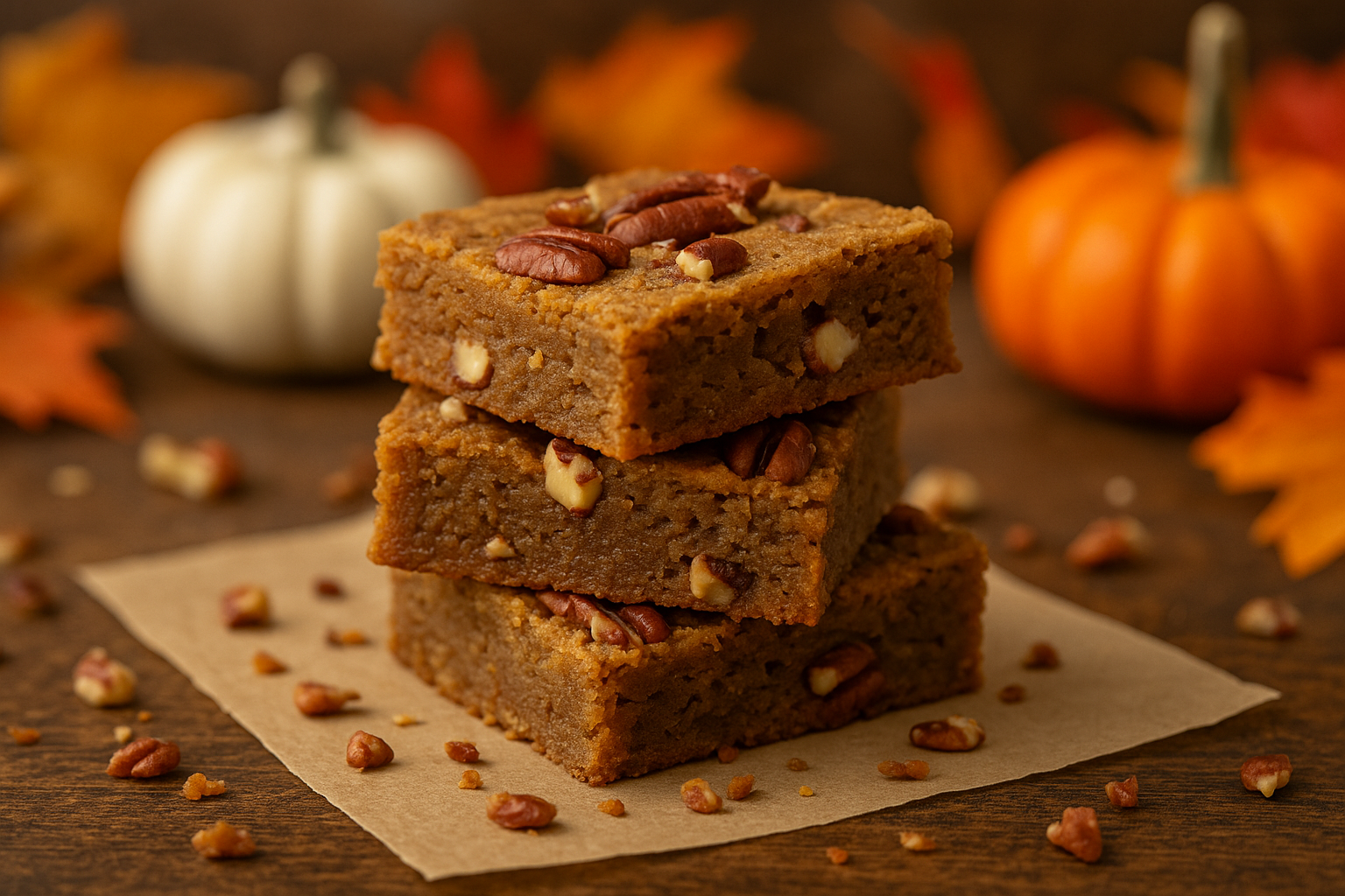 Stack of Maple-Pecan Protein Blondies on parchment paper, topped with chopped pecans and surrounded by mini pumpkins and fall leaves for a cozy autumn dessert scene.
