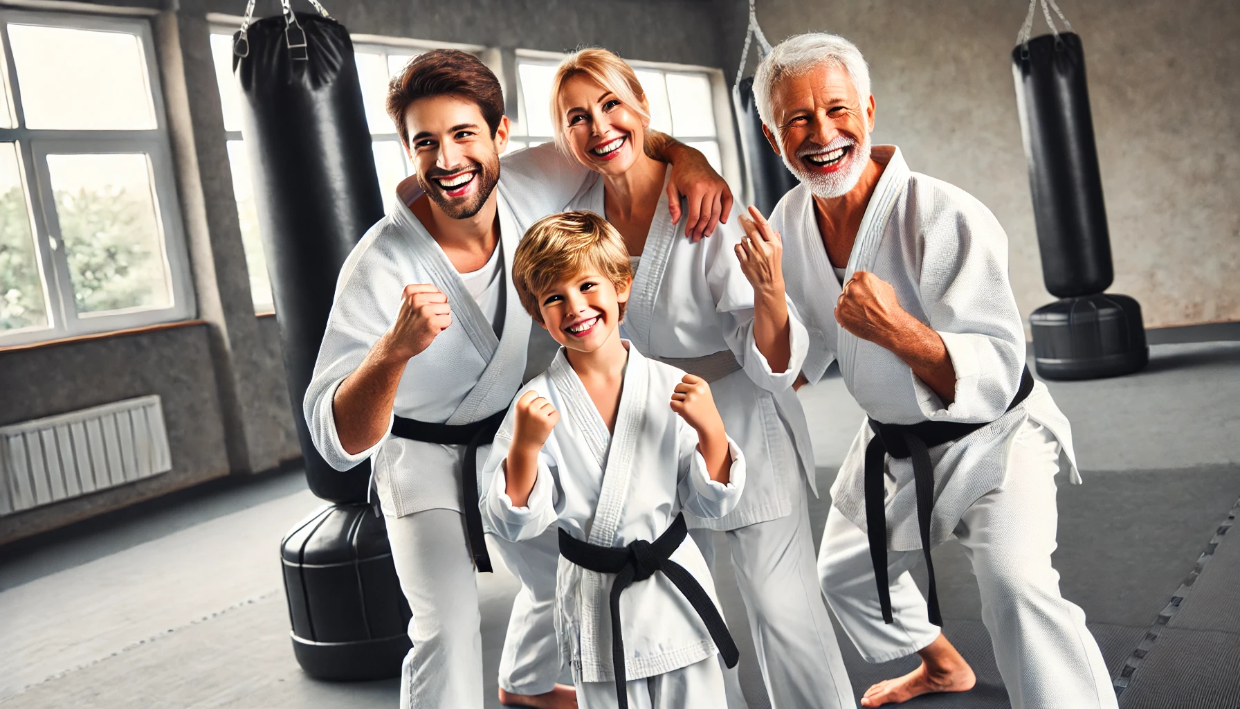 A family training together in a dojo, learning martial arts and bonding over the excitement of a new activity.