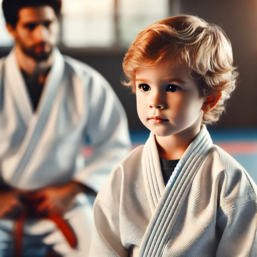 A young child practicing martial arts with concentration in a dojo, symbolizing focus and dedication.