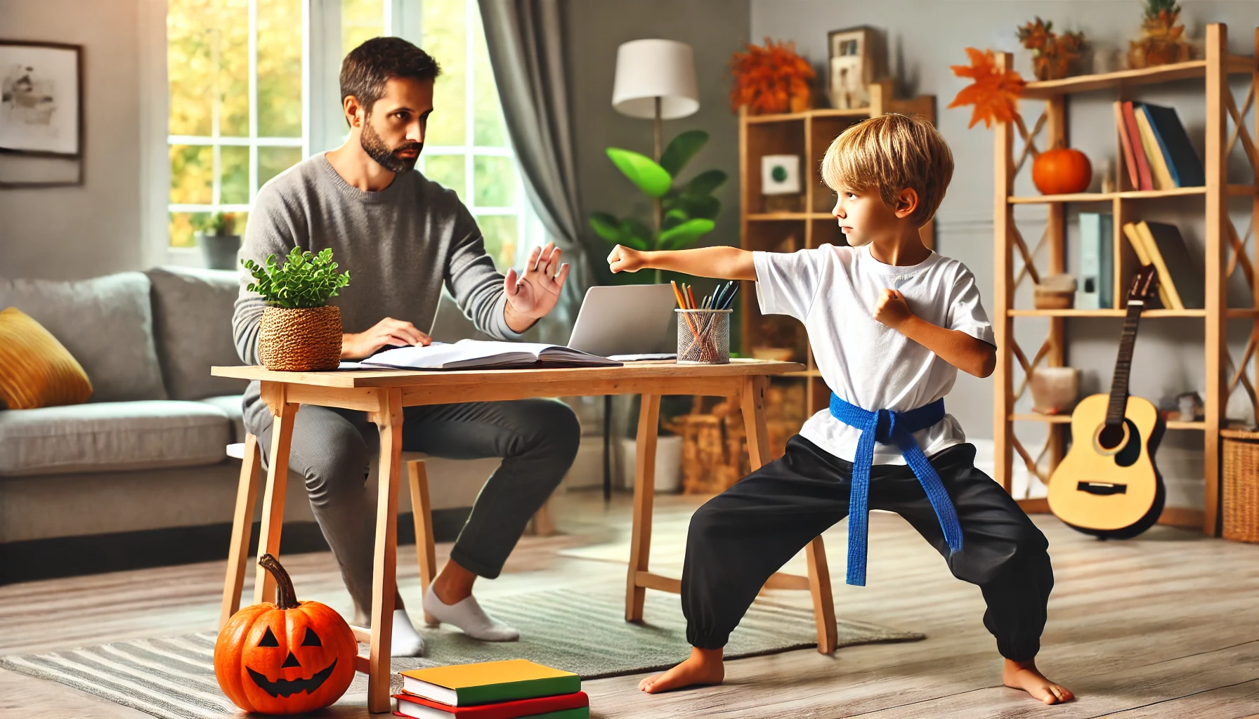 A young child practicing martial arts at home with their parent supervising, a homework desk in the background representing the balance between academic and physical training, with autumn decorations like a pumpkin and leaves tying into the back-to-school theme