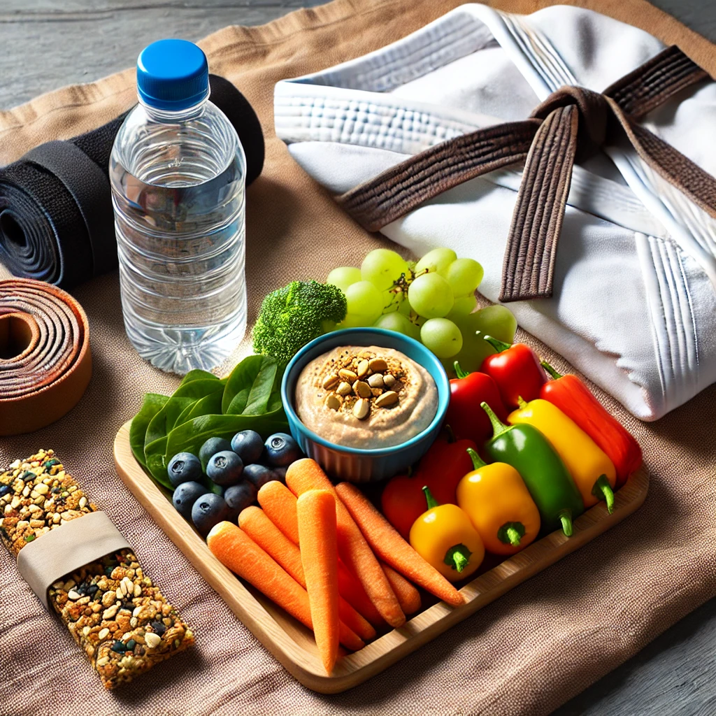 A colorful arrangement of healthy snacks including baby carrots, hummus, a granola bar, and a small bottle of water, displayed on a martial arts belt with a uniform in the background, symbolizing preparation for a training session.