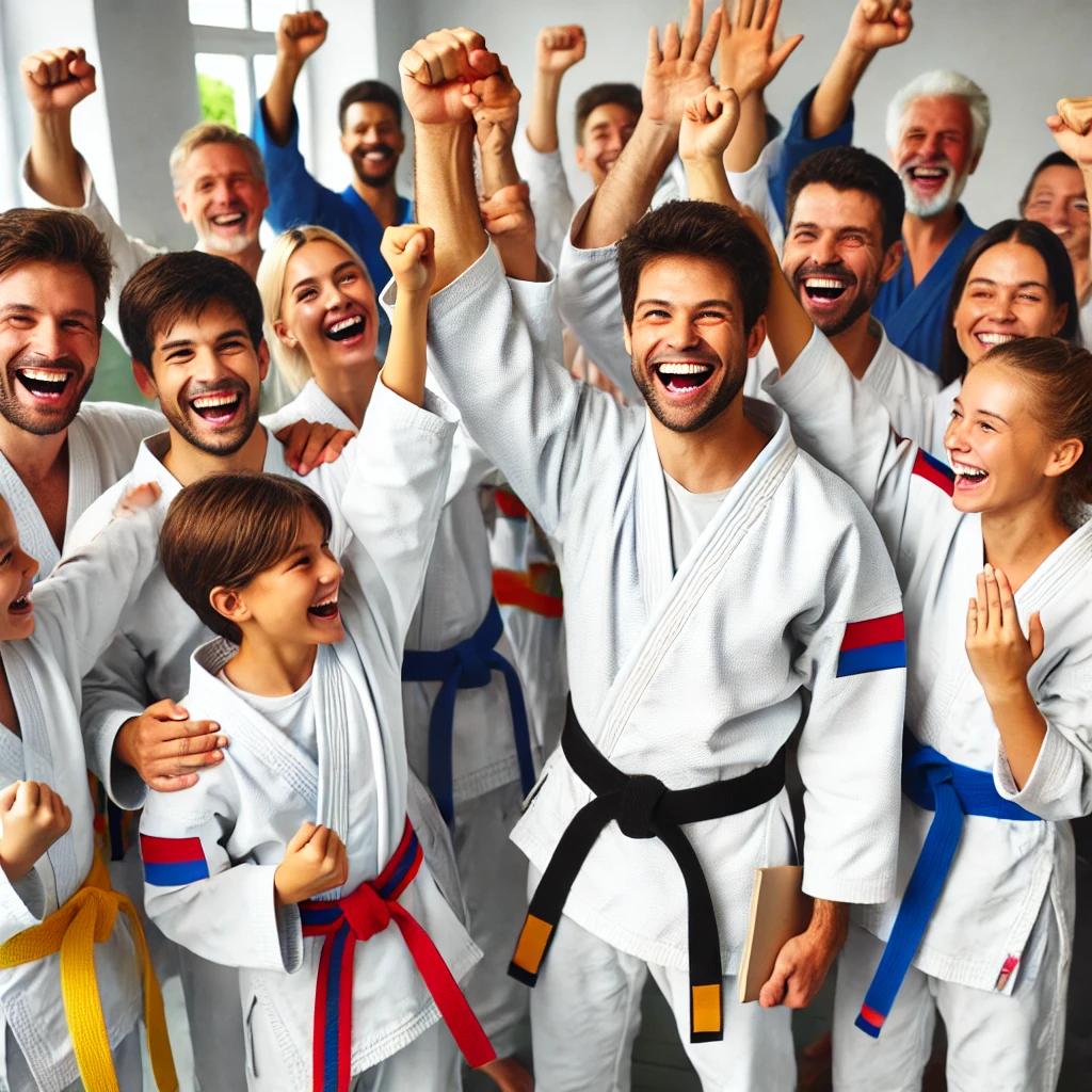A group of martial arts students smiling and celebrating after earning their new belts, demonstrating growth and achievement.