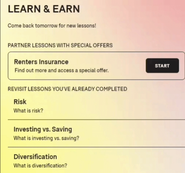 GIF of the Learn and Earn Screen - Scrolling Learning Modules from the Tornado App