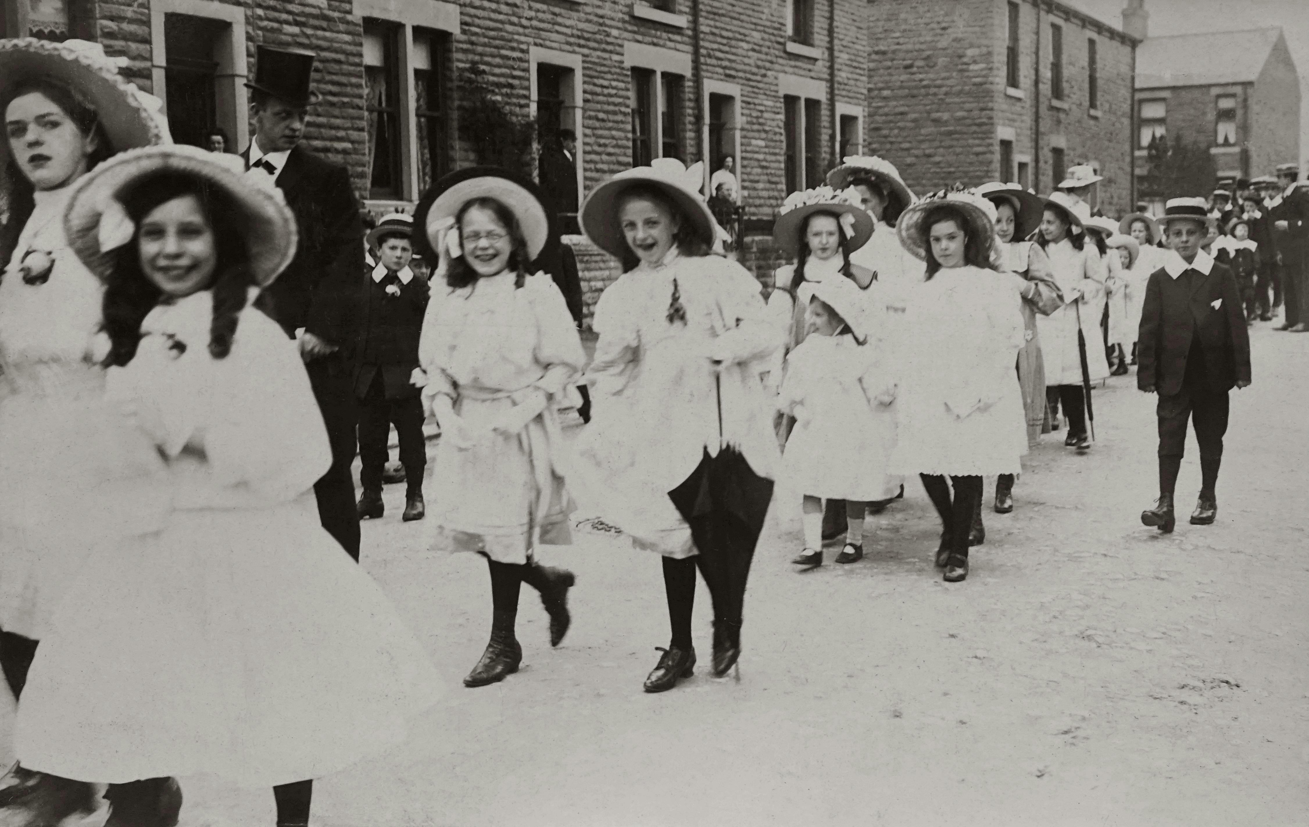 Black and white photo of a parade