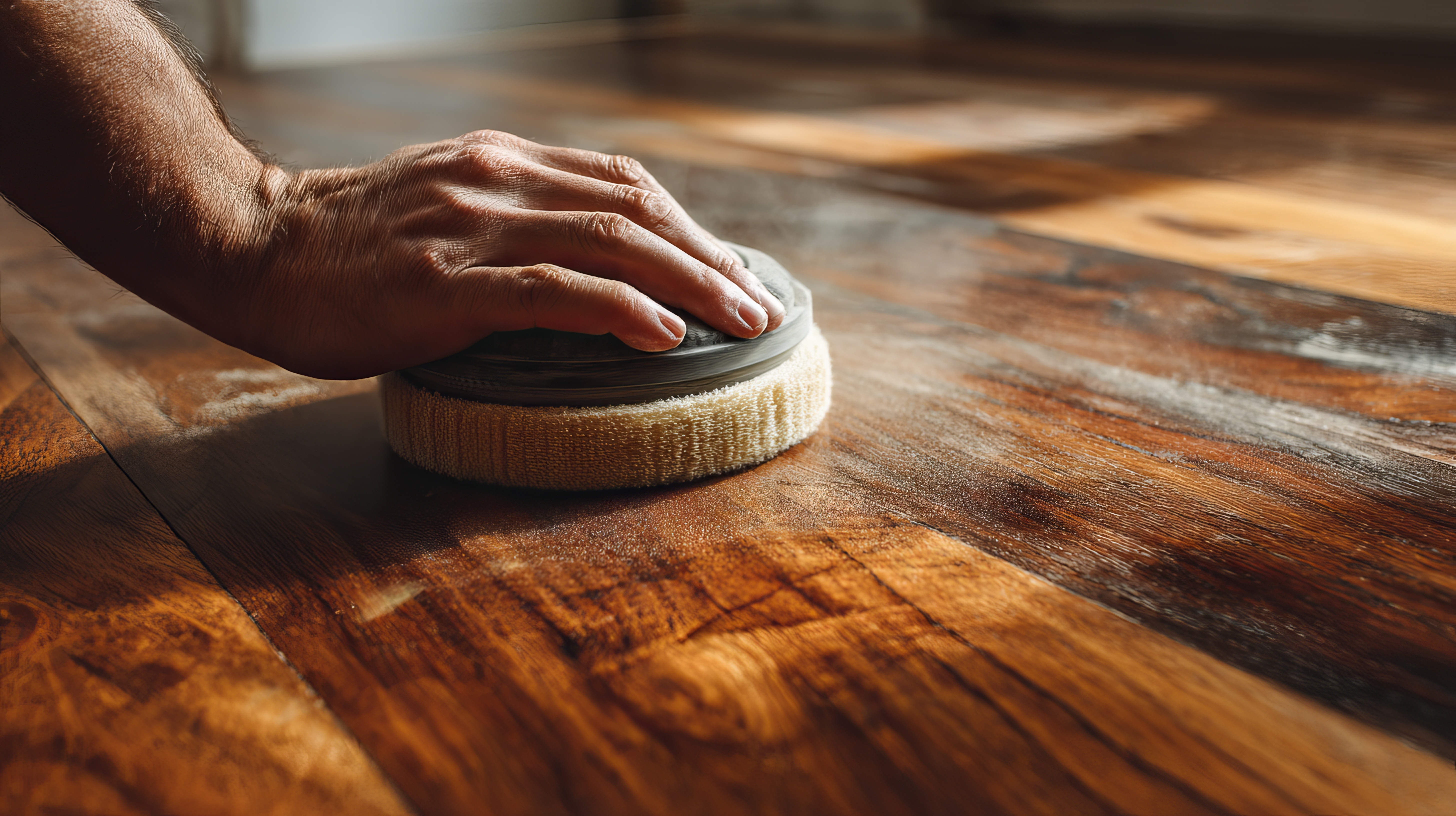 Wood floor being polished by hand to enhance shine and finish.