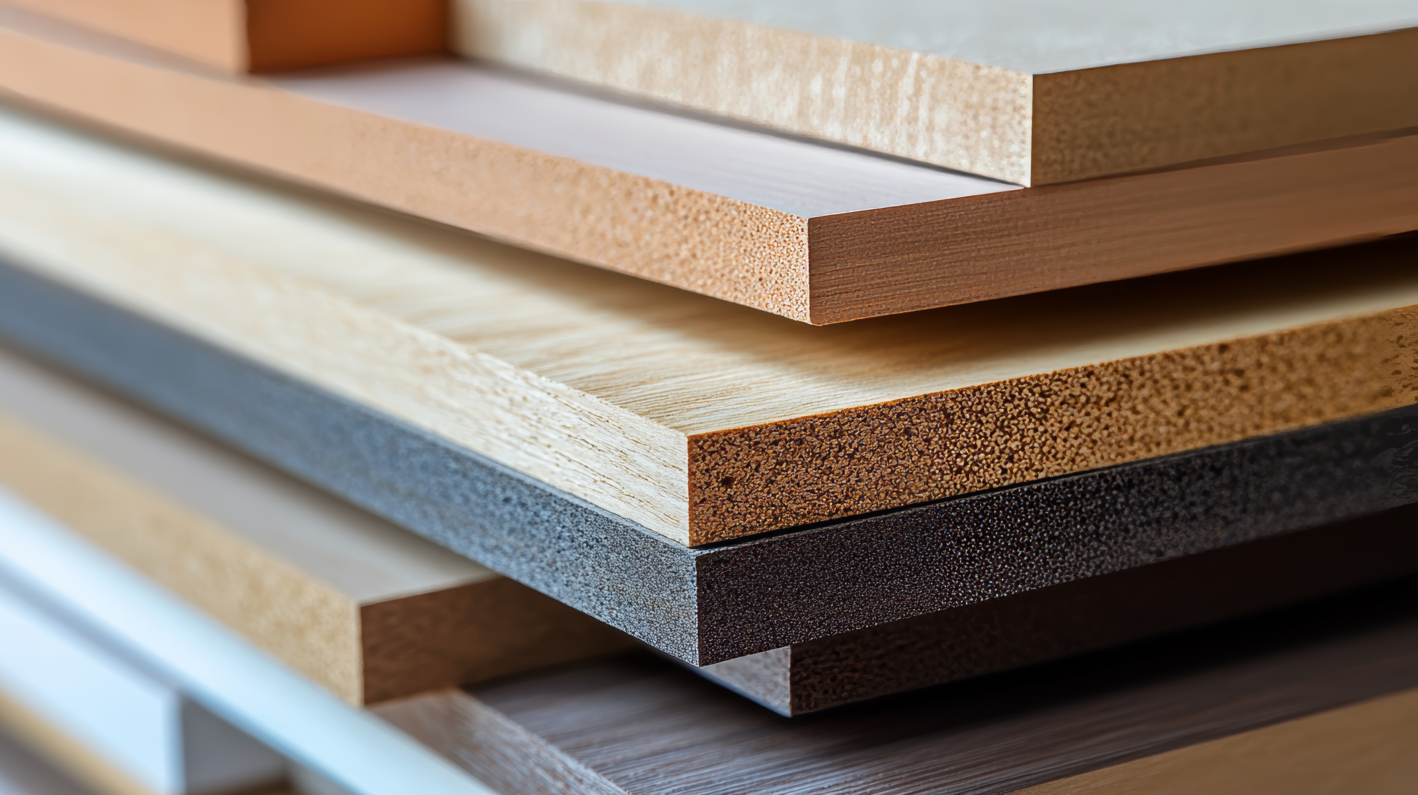Stacked engineered wood and composite boards showing layered construction and material thickness.