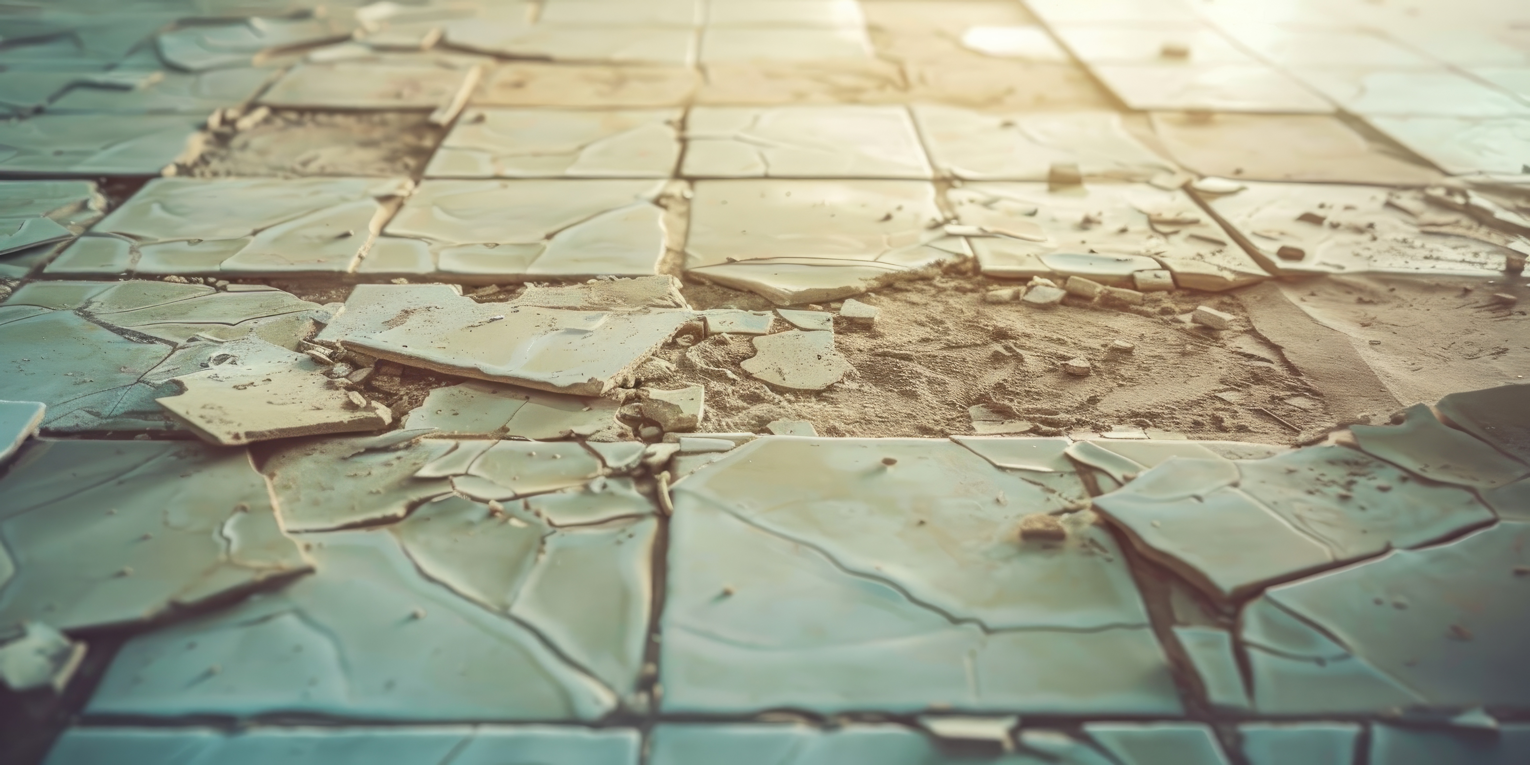 Damaged floor tiles with visible cracks and breakage across the surface.