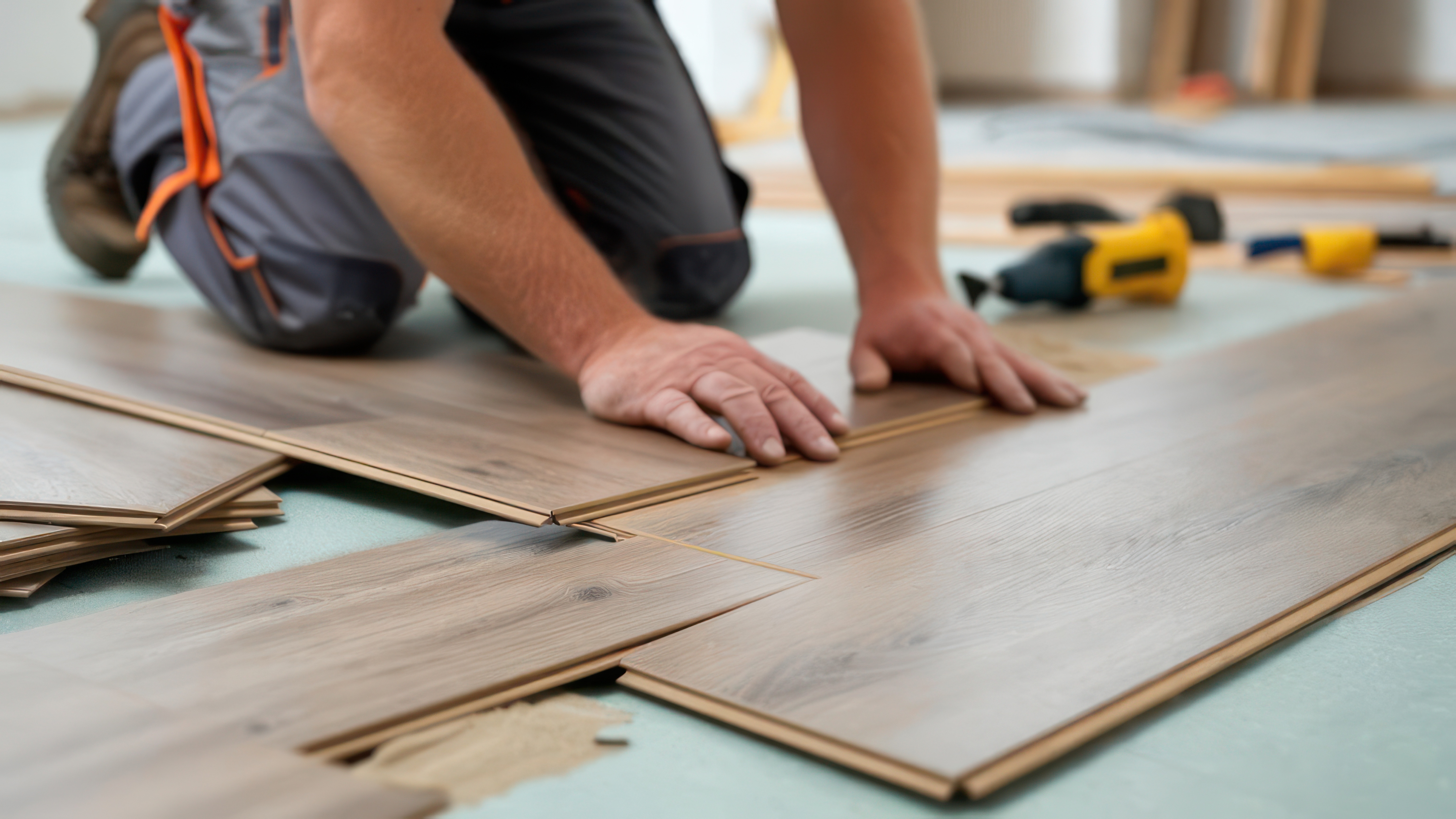 Installer aligning and fitting laminate floor planks by hand during a residential flooring installation.