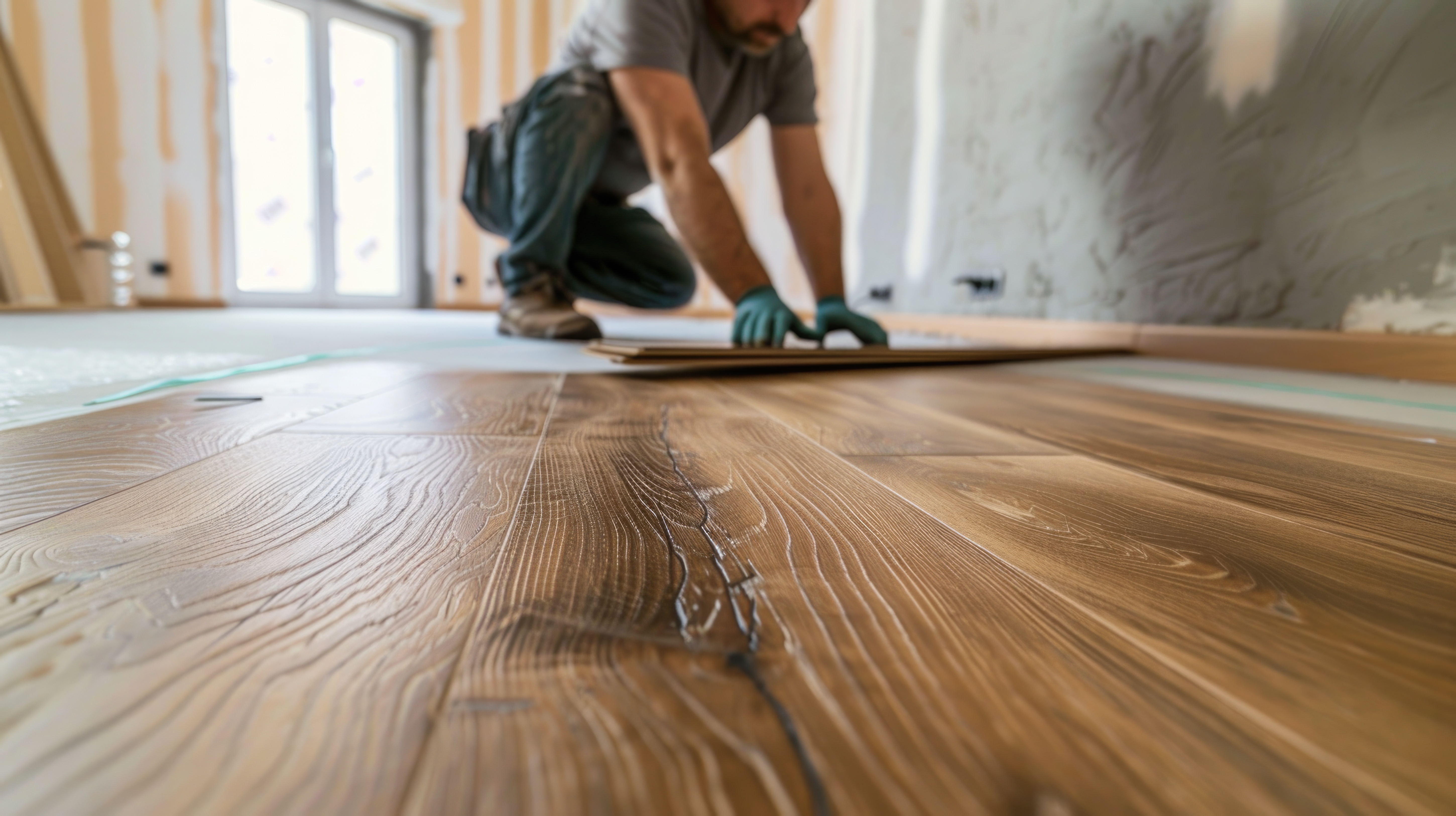 Installer laying hardwood floor planks over adhesive during a residential flooring installation project. Installer laying hardwood floor planks over adhesive during a residential flooring installation project.
