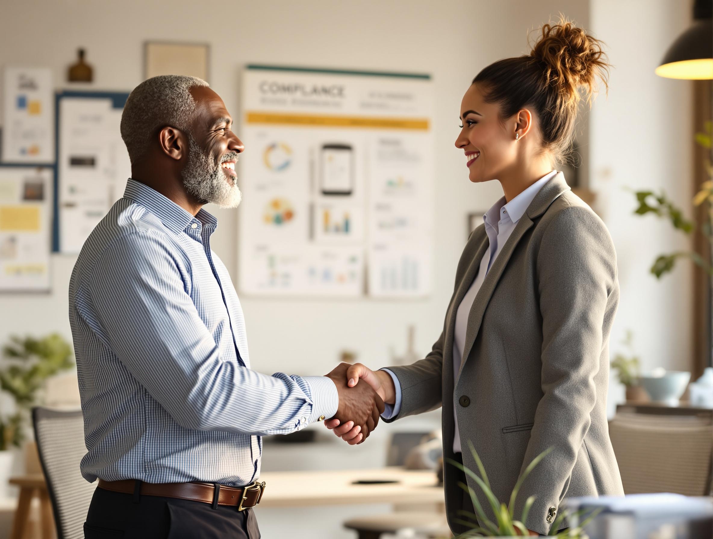 A financial advisor shaking hands with a compliance consultant in a bright office, symbolizing partnership and support in compliance management. A financial advisor shaking hands with a compliance consultant in a bright office, symbolizing partnership and support in compliance management.