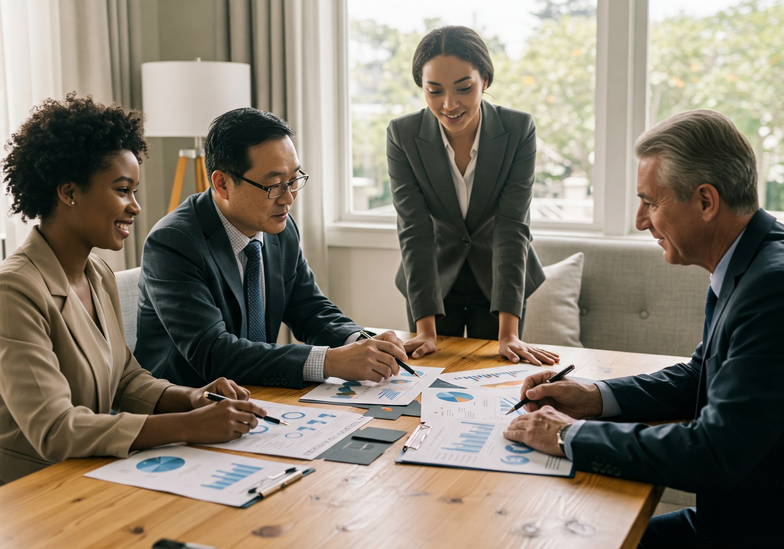 A diverse group of financial advisors collaborating in a meeting room, highlighting the importance of professional networks. A diverse group of financial advisors collaborating in a meeting room, highlighting the importance of professional networks.