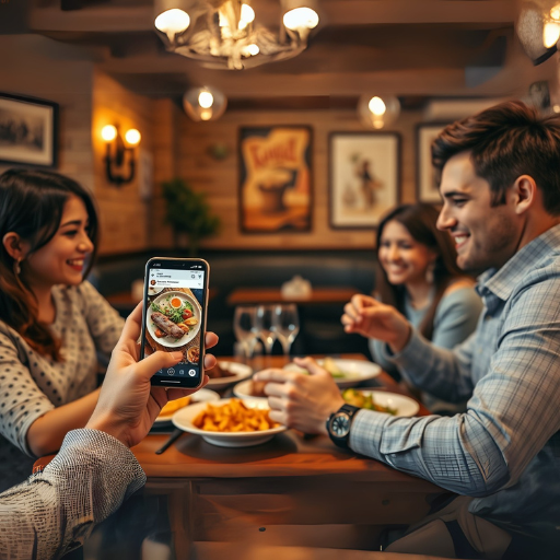 Image of happy customers enjoying dinner with friends at a local restaurant after learning about it through a Facebook Ad. Image of happy customers enjoying dinner with friends at a local restaurant after learning about it through a Facebook Ad.