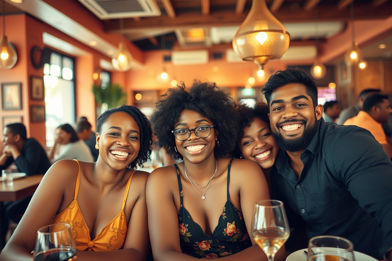 Group of friends taking a picture in a restaurant. Group of friends taking a picture in a restaurant.