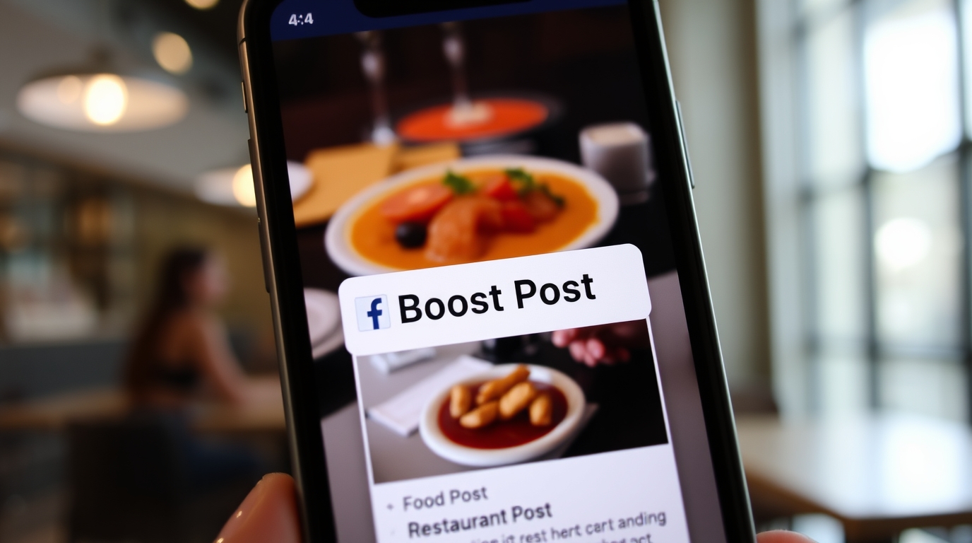 Someone holding a cell phone with FB boost post on the screen, while sitting in a restaurant. Someone holding a cell phone with FB boost post on the screen, while sitting in a restaurant.