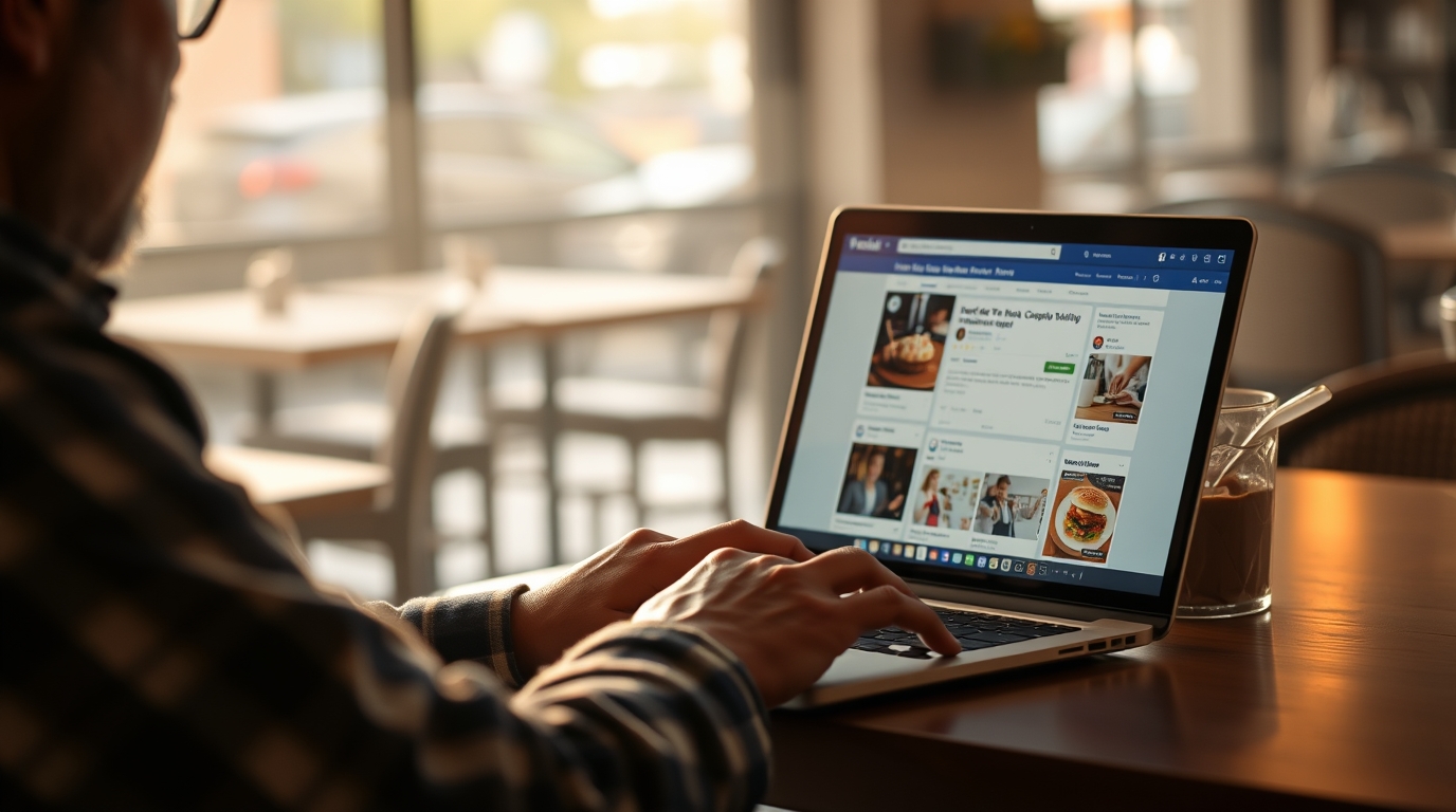A restaurant owner sitting at a table in his restaurant working on some Facebook ads. A restaurant owner sitting at a table in his restaurant working on some Facebook ads.