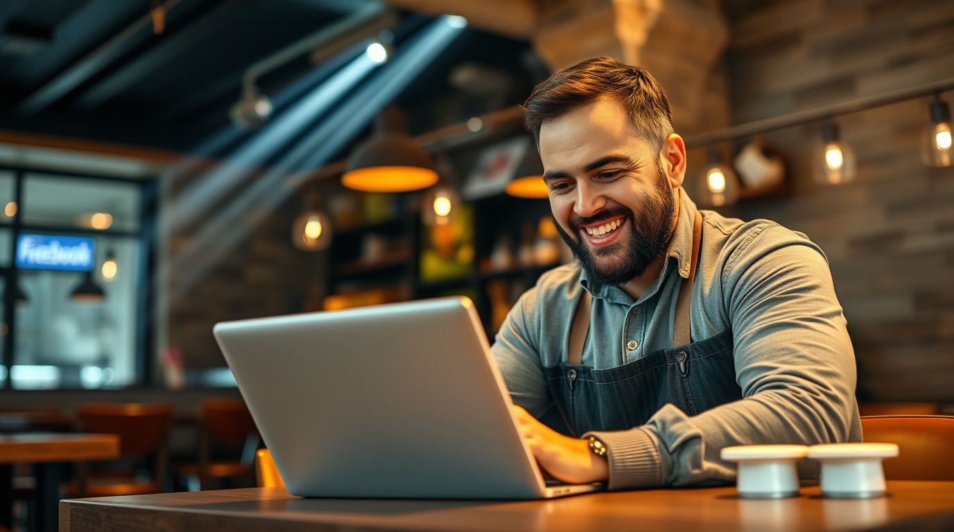 restaurant owner checking his facebook stats on his laptop in his restaurant. restaurant owner checking his facebook stats on his laptop in his restaurant.