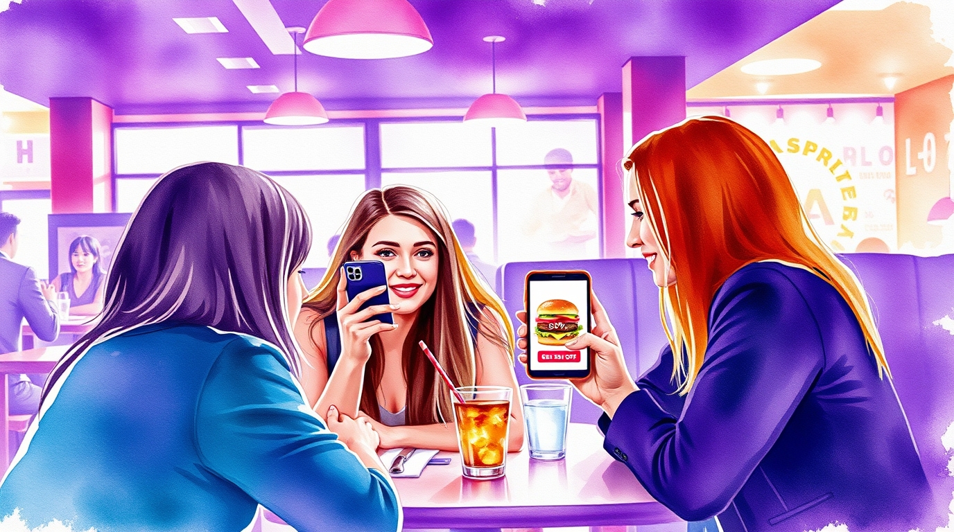 Group of girls in a restaurant looking at facebook ads for the restaurant that their in. Group of girls in a restaurant looking at facebook ads for the restaurant that their in.
