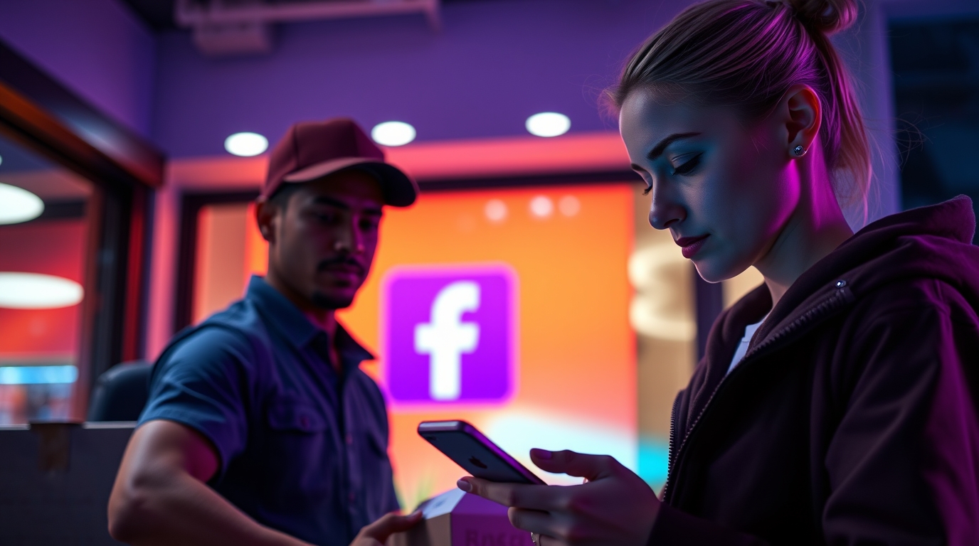 Girl looking at a facebook ad and a food delivering guy delivering food. Girl looking at a facebook ad and a food delivering guy delivering food.